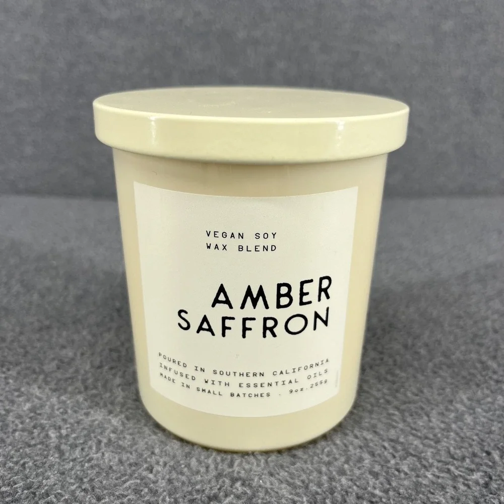 Leoben Co Amber & Saffron Vegan Soy Wax Blend‎ Candle 9 oz beige glass